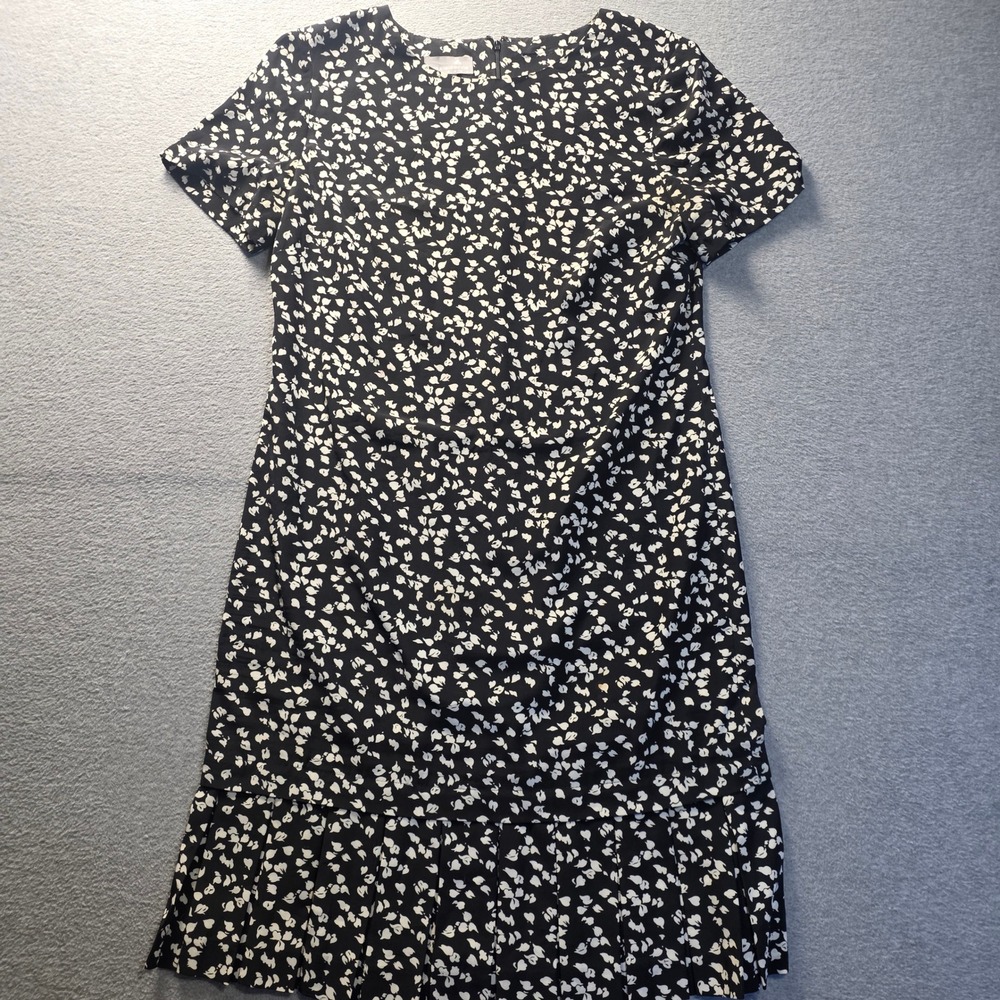 Liz Claiborne Midi Dress Womens M Black White Floral Ruffle Hem Short Sleeve